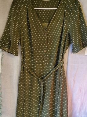 Olive Green Polka Dot Button-Front Midi Dress